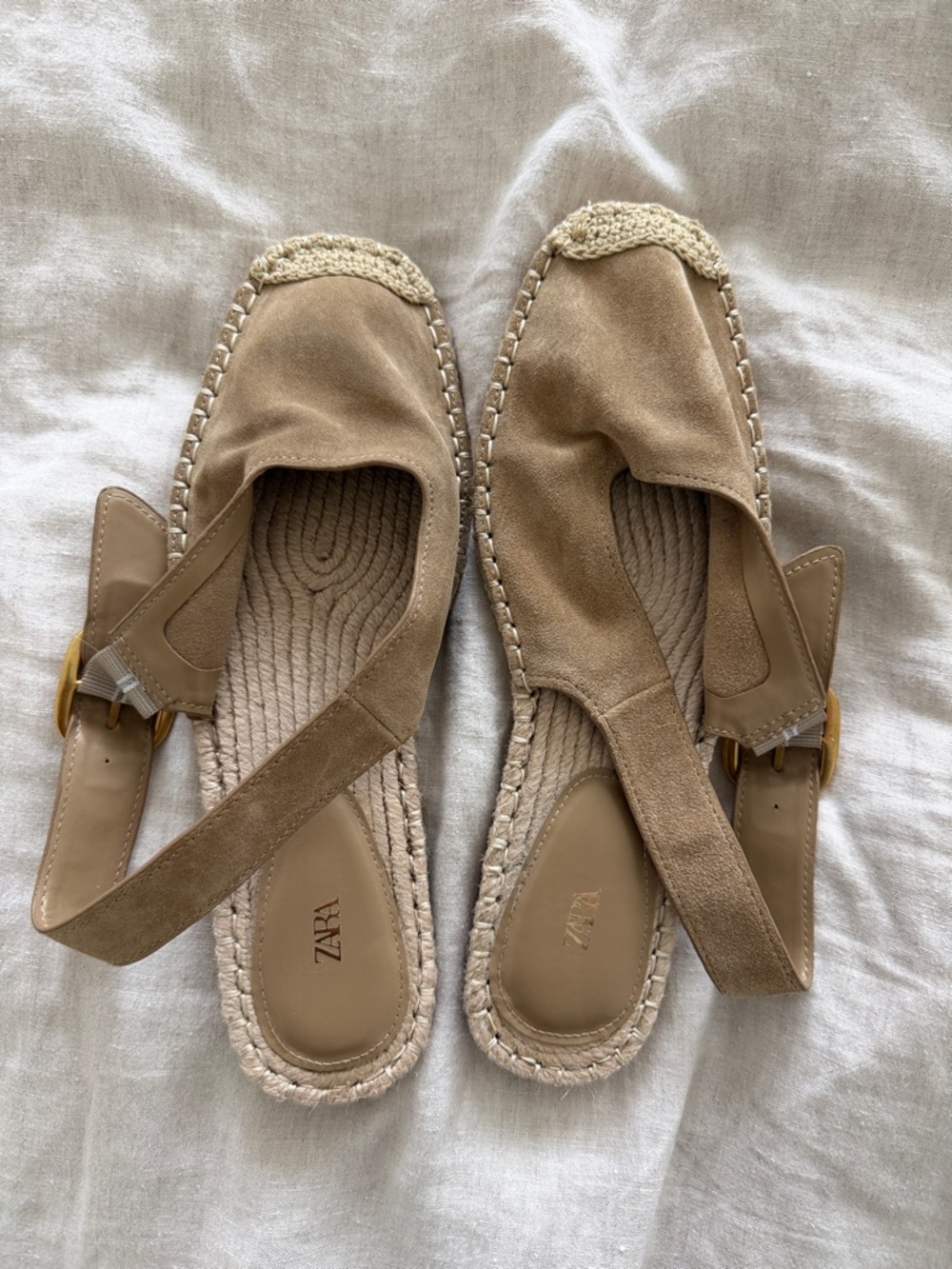 Zara Tan Suede Slingback Sandals with Gold Buckle